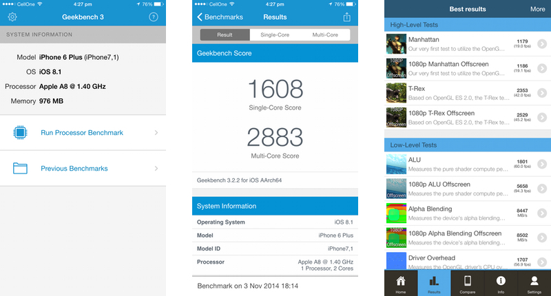 Apple iPhone 6 Plus Review - Screenshot - Geekbench 3 and GFXBench