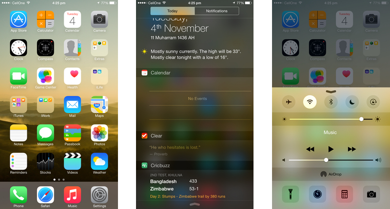 Apple iPhone 6 Plus Review - Screenshot - Homescreen, Control Centre, and Notiffications Bar