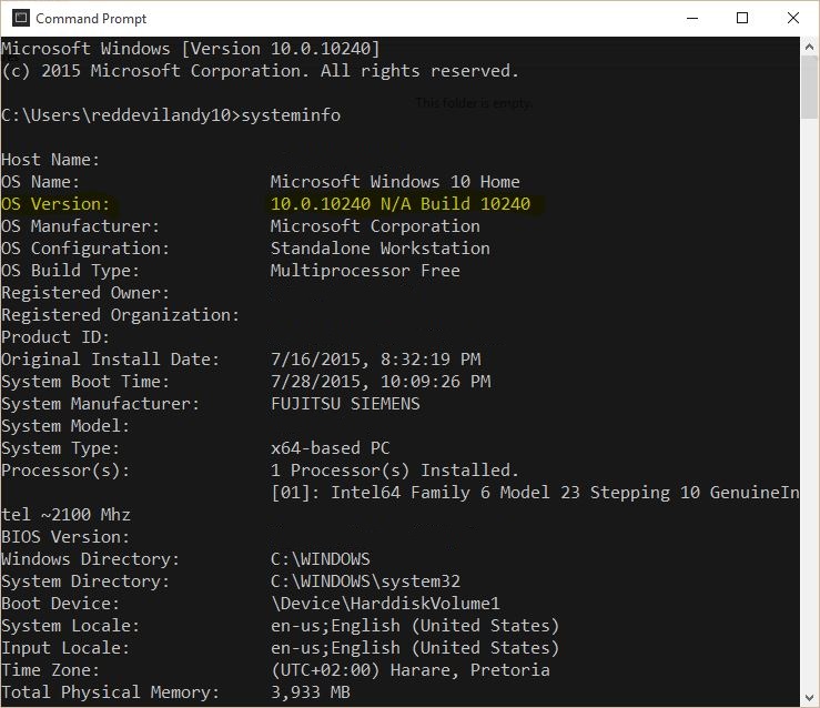 windows 10 version check command prompt