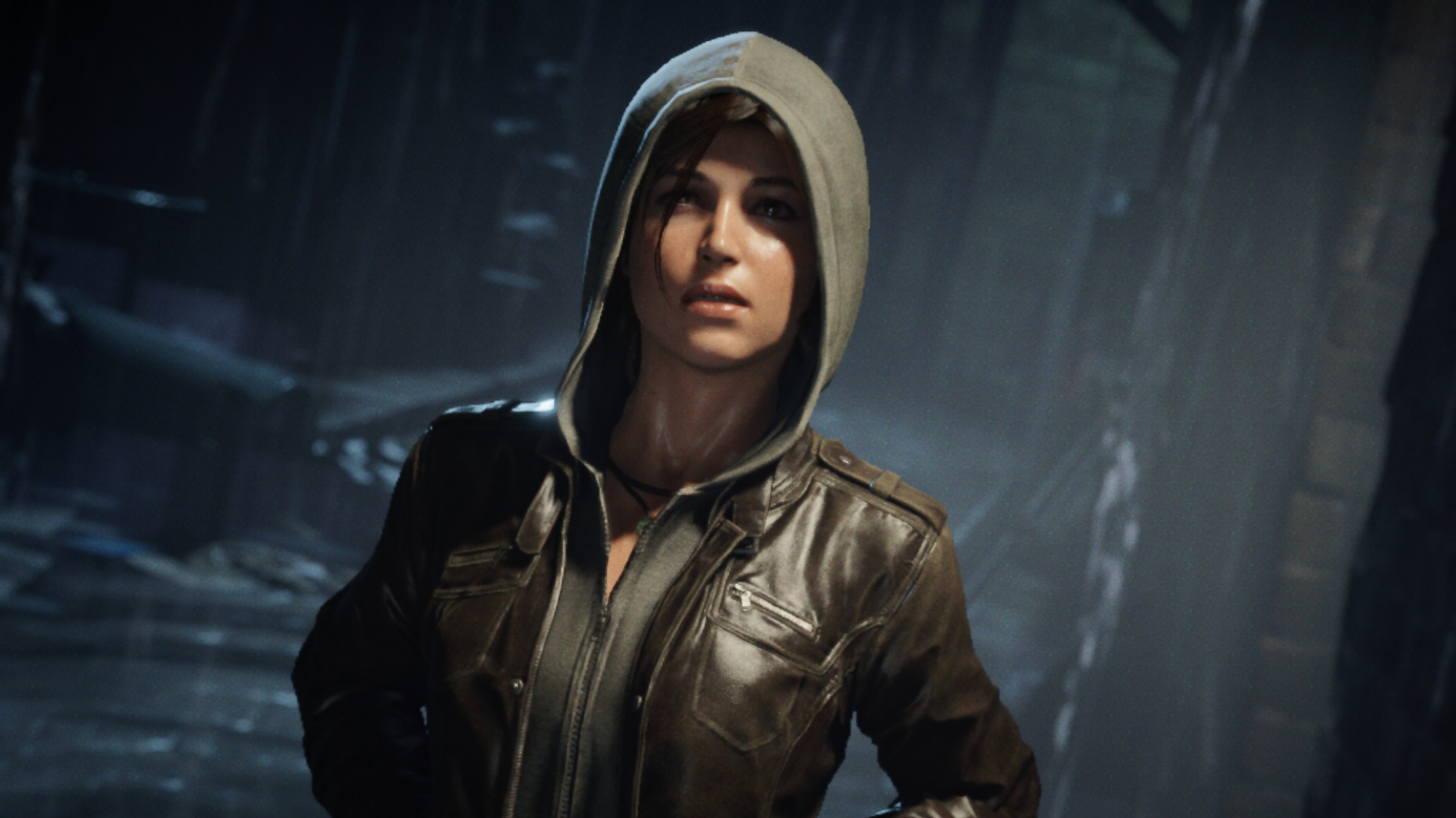 Lara dons a hoodie during a rainy, London night.