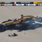 An IndyCar after hitting the wall.